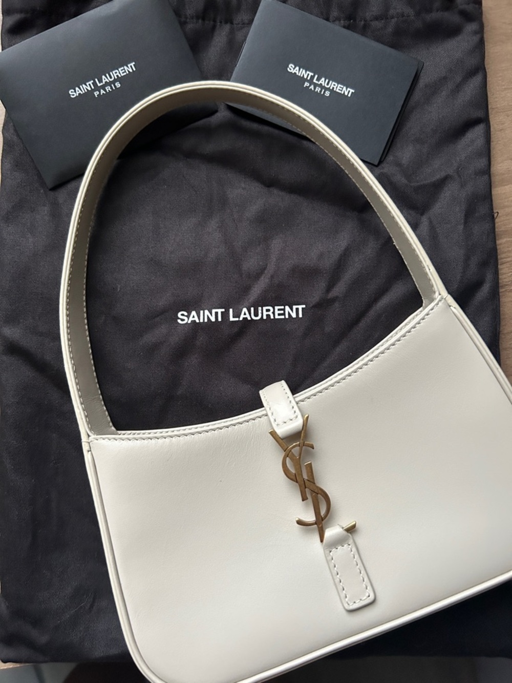 Saint Laurent Cream Leather Shoulder Bag with Gold YSL Emblem